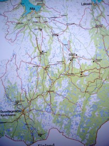 Kart over scooterledene på Finnmarksvidda (de røde strekene)